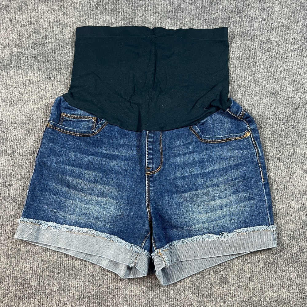 Indigo Poppy Shorts‎ Womens Medium Maternity Blue Rolled Fray Denim Belly Band